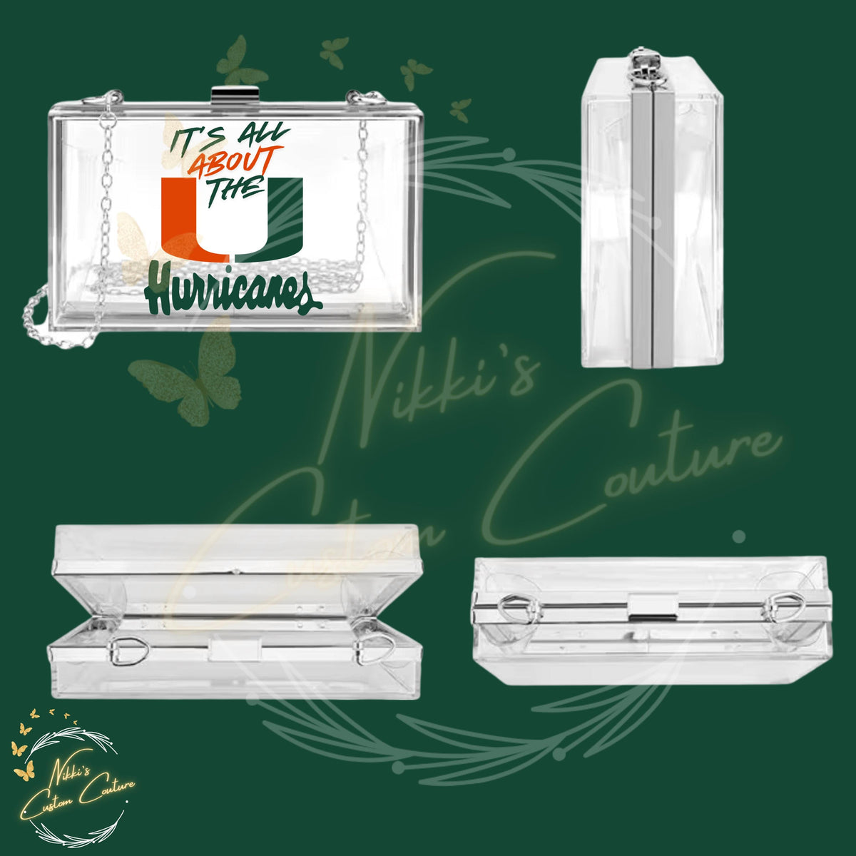 Miami Hurricanes Acrylic Clutch, Clear Game Day Purse, “It’s All About The U” Stadium Bag, Miami Football Purse
