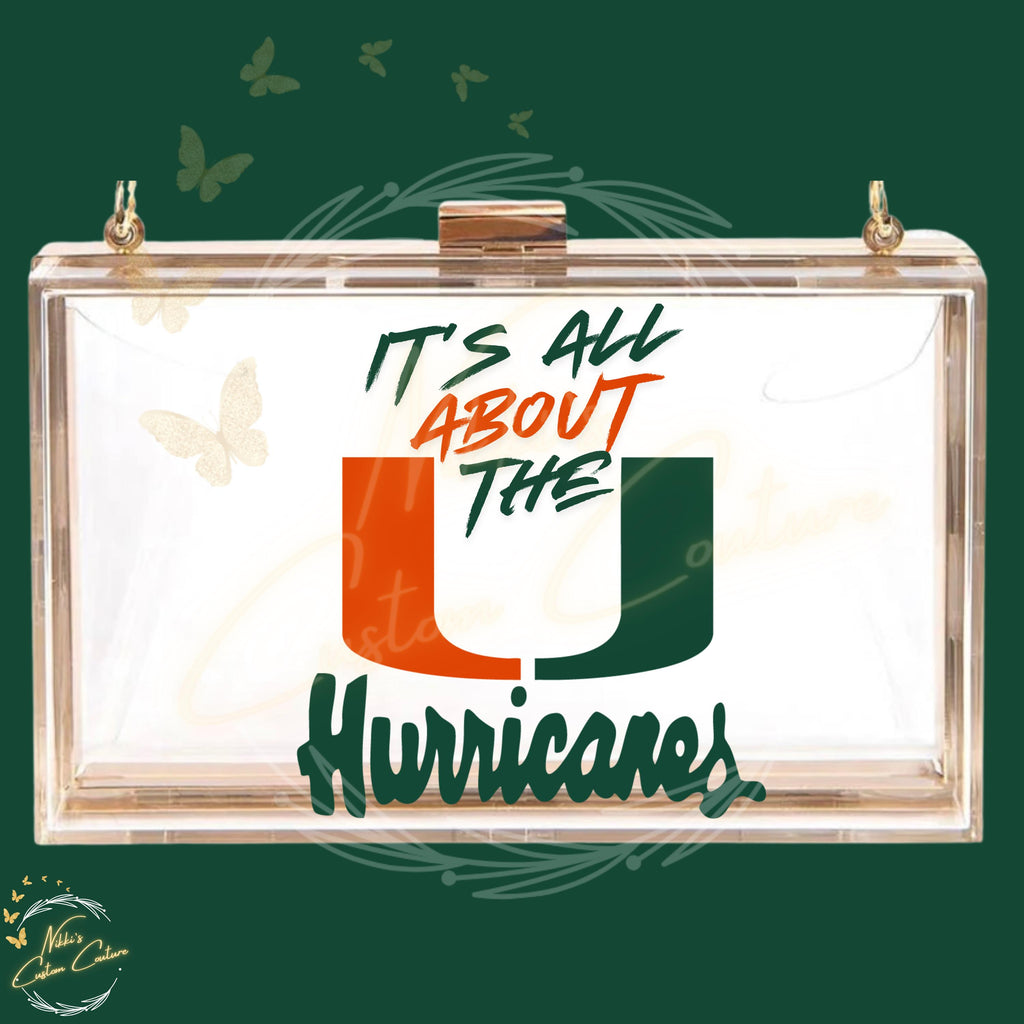 Miami Hurricanes Acrylic Clutch, Clear Game Day Purse, “It’s All About The U” Stadium Bag, Miami Football Purse